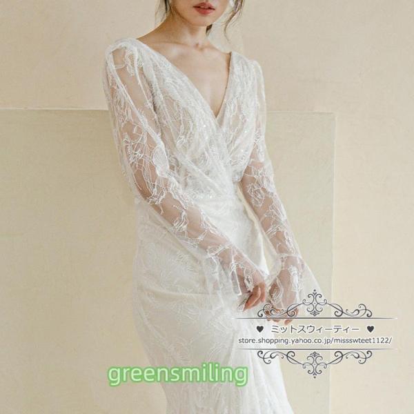 ウェディングドレス 二次会 結婚式 スレンダー レース 長袖 ブライダル ロングドレス 前撮り 挙式 花嫁 リゾートウェディング ウエディングドレス Vネックの画像