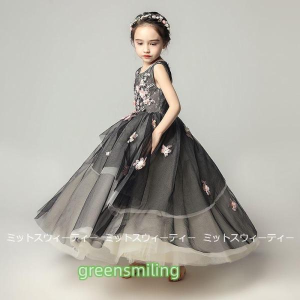 子供 ドレス ピアノ発表会 女の子 子供ドレス ワンピース 衣装 花柄 ブラック ロング 結婚式 コンクール 発表会 パーティー フォーマルドレス キッズドレス 黒の画像