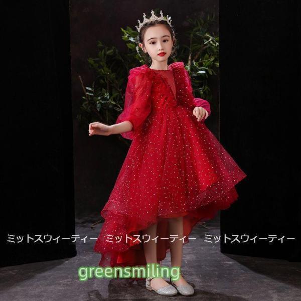 子供ドレス フォーマル ピアノ発表会 前ミニドレス キッズ フォーマルドレス 子ども ジュニアドレス 赤 レッド 結婚式 演奏会 ステージ衣装 パーティードレスの画像