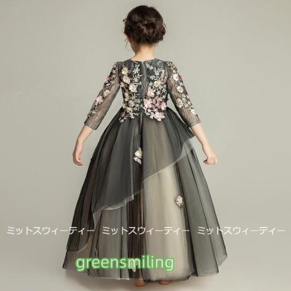 子供 ドレス ピアノ発表会 子供ドレス ワンピース ブラック ホワイト 衣装 花柄刺繍 ロングドレス 結婚式 コンクール 発表会 パーティー フォーマルドレス 黒の画像