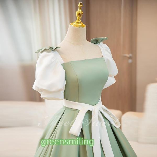 カラードレス Aラインドレス グリーン パフスリーブ サテン 緑 ロング