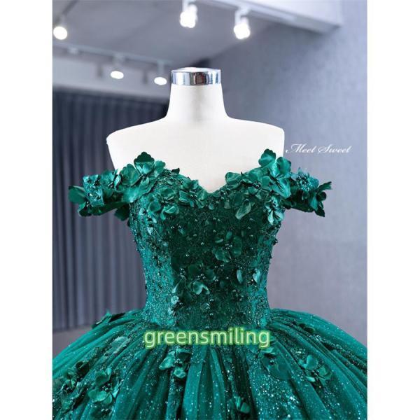 カラードレス プリンセスライン グリーン オフショルダー 緑 花 ロング