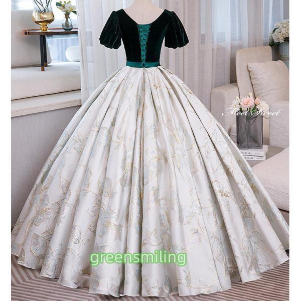 カラードレス プリンセスライン グリーン パフスリーブ 半袖 花柄 ロングドレス ウェディングドレス 結婚式 二次会 花嫁 前撮り 演奏会 発表会 ステージ衣装の画像