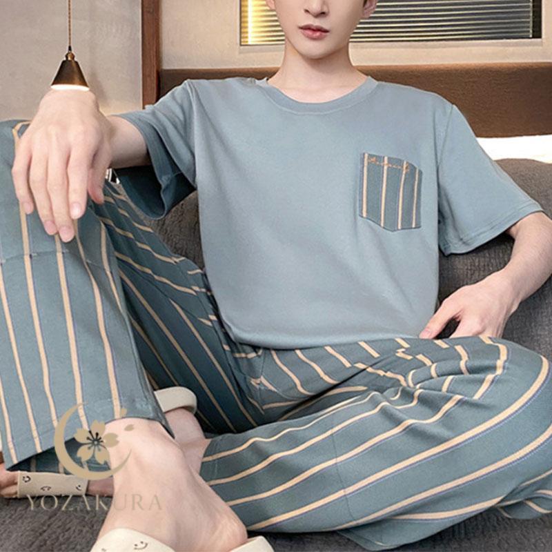 パジャマ 寝巻き メンズ 半袖 薄手 涼しい 丸首 上下セット 夏 春