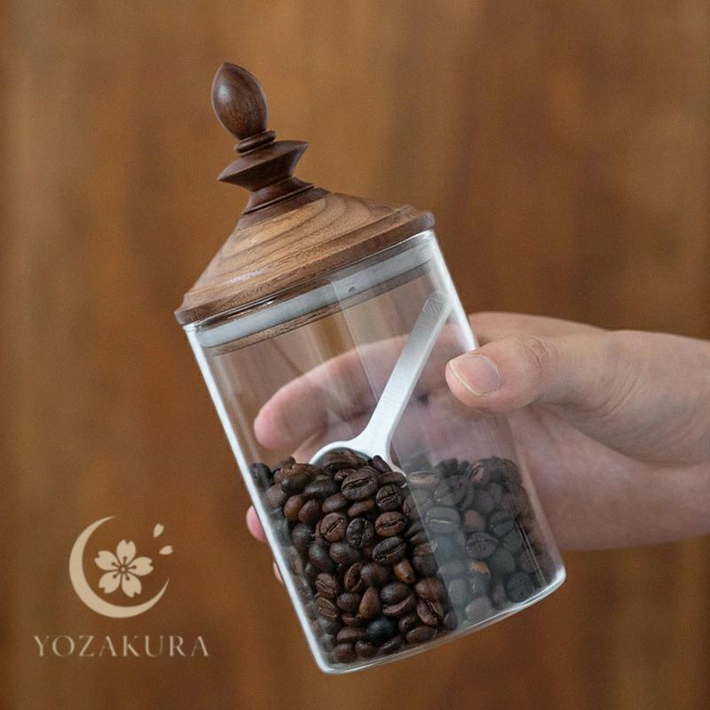 コーヒー豆保存容器ガラスキャニスター ス木製蓋付きガラス密封瓶