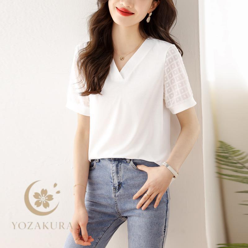 tシャツ Tシャツ レディース 半袖 Vネック 無地 トップス 通学 通勤