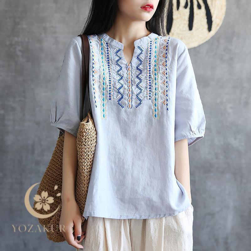 tシャツ Tシャツ レディース 半袖 Vネック 刺繍 トップス 通学 通勤