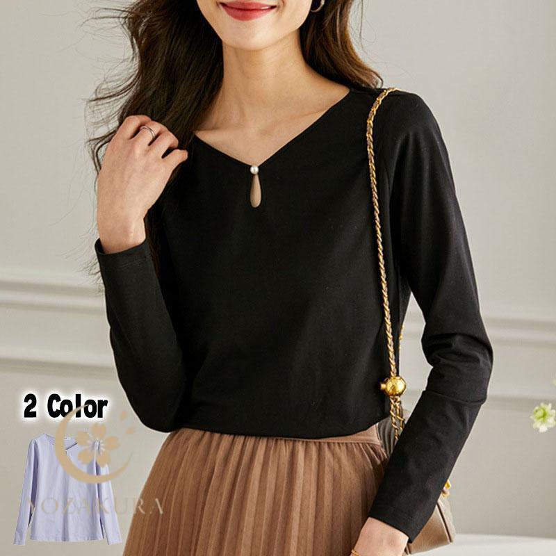 tシャツ Tシャツ レディース Vネック ミドル丈 長袖 トップス 通学