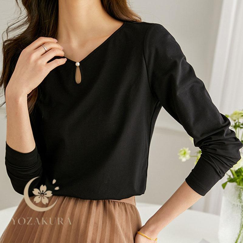 tシャツ Tシャツ レディース Vネック ミドル丈 長袖 トップス 通学