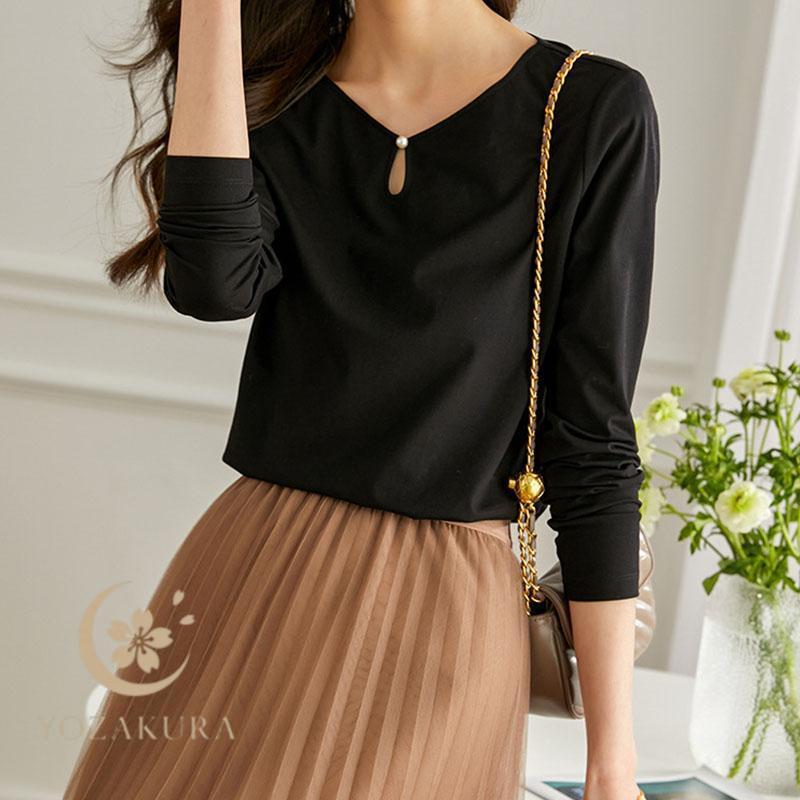 tシャツ Tシャツ レディース Vネック ミドル丈 長袖 トップス 通学
