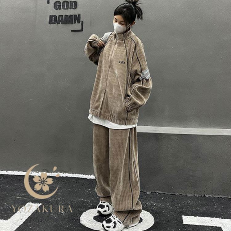 スポーツウェア コーデュロイ 上下セット 秋 上下 ライン入り 春