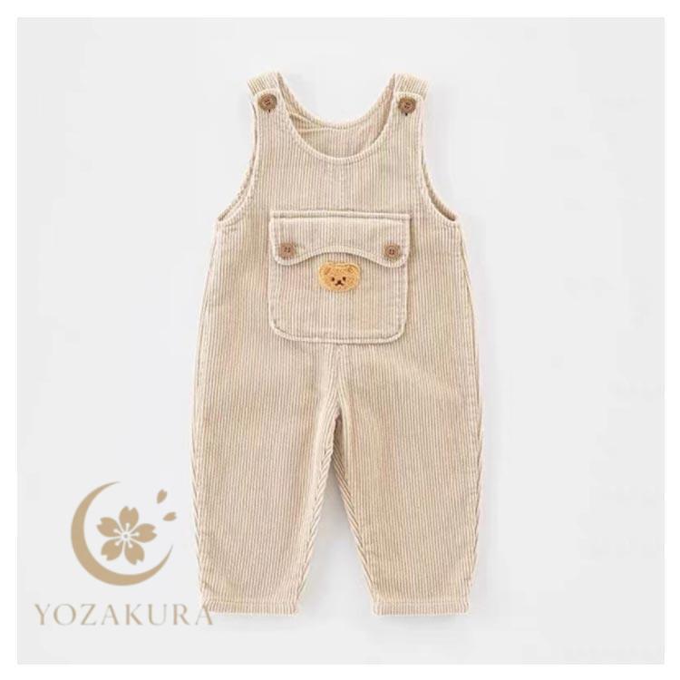 くま様ベージュ1サロペット BABY】クマ柄コーデュロイサロペットロンパース＆ボーダーシャツ