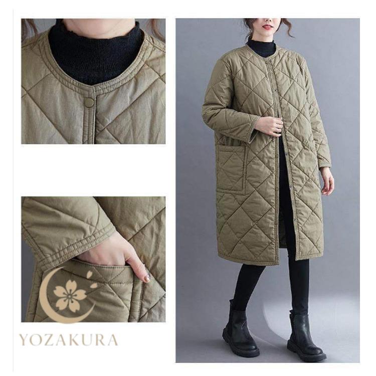 レディース キルティング キルティングコート ロング ノーカラー 膝丈