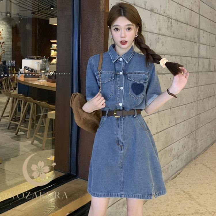 美品  デニムシャツワンピース 半袖 デニムワンピース 半袖 デニムワンピ シャツ ワンピース 半袖