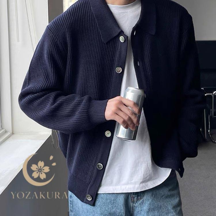 厚手 ニットカーディガン メンズ セーター 前開 無地 カーディガン 襟