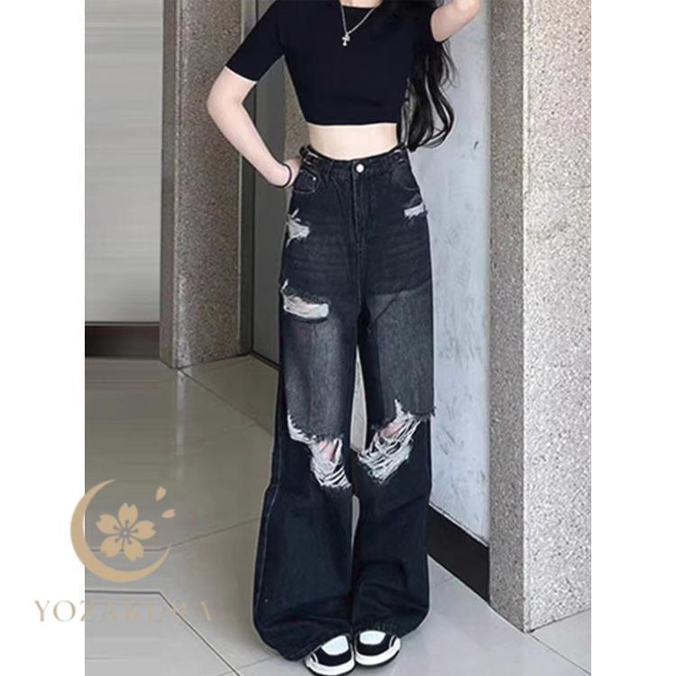 デニムパンツ レディース ダメージデニム ワイドパンツ ジーンズ