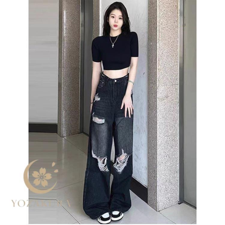 デニムパンツ レディース ダメージデニム ワイドパンツ ジーンズ
