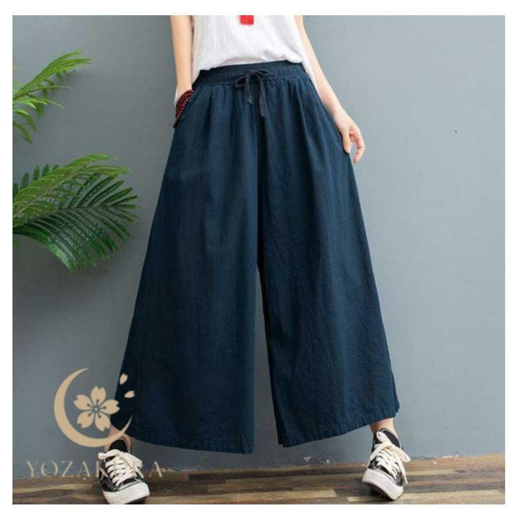 ワイドパンツ レディース ロングパンツ 秋 ガウチョパンツ 綿麻 リネン