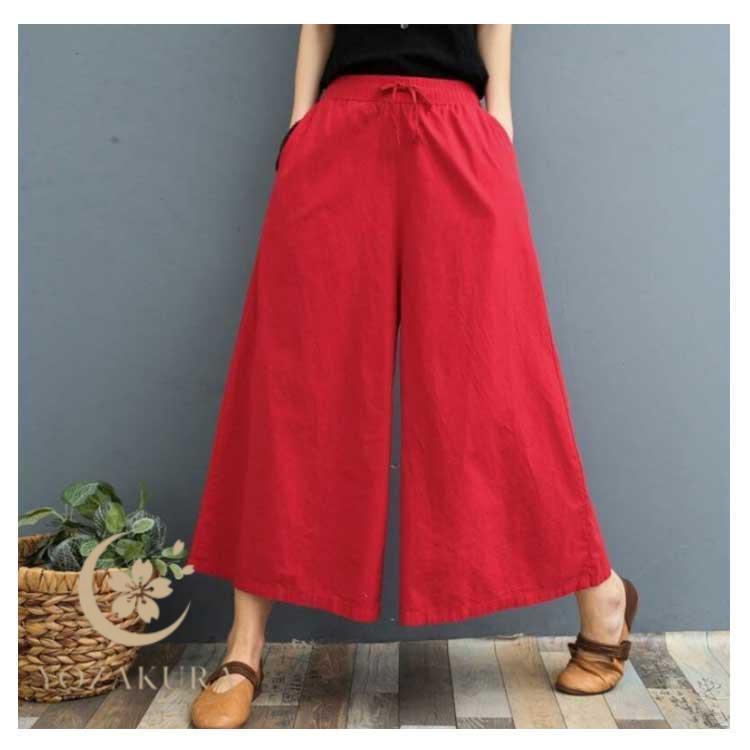 ワイドパンツ レディース ロングパンツ 秋 ガウチョパンツ 綿麻 リネン