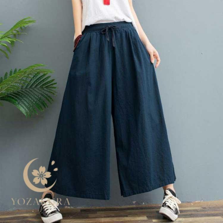 ワイドパンツ レディース ロングパンツ 秋 ガウチョパンツ 綿麻 リネン