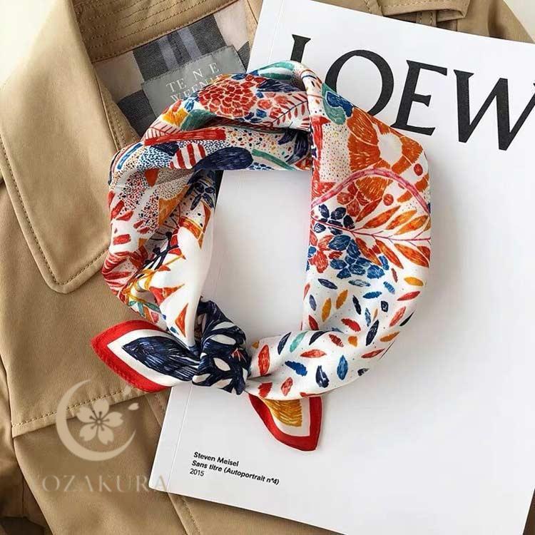 シルクスカーフ シルク100% スカーフ 絹布 シンブル 花 柄 53*53cm