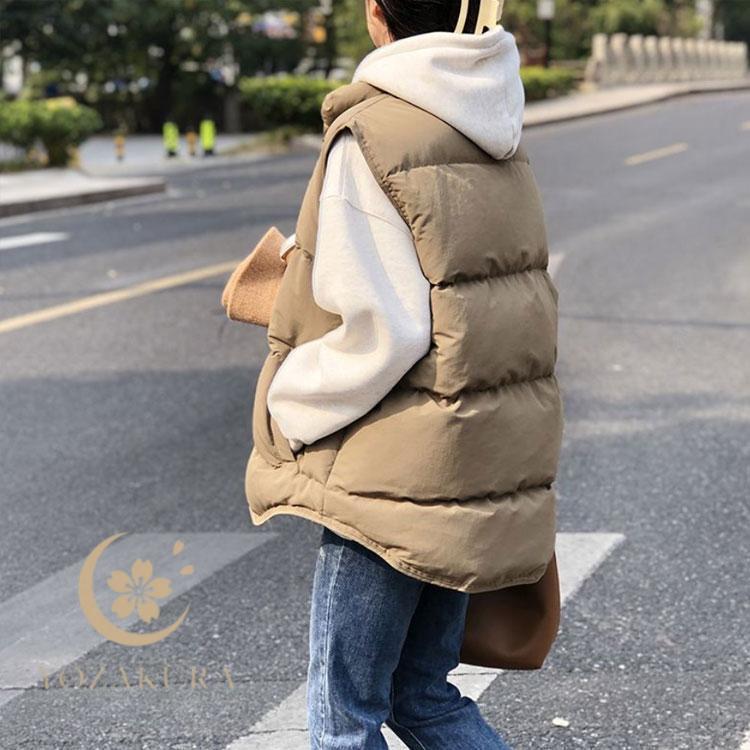 フード付き　ゆったり　ダウンベスト　ベージュ　サイズ　フリー ダウンベスト レディース 秋 冬 中綿ベスト 前開き ポケット付き