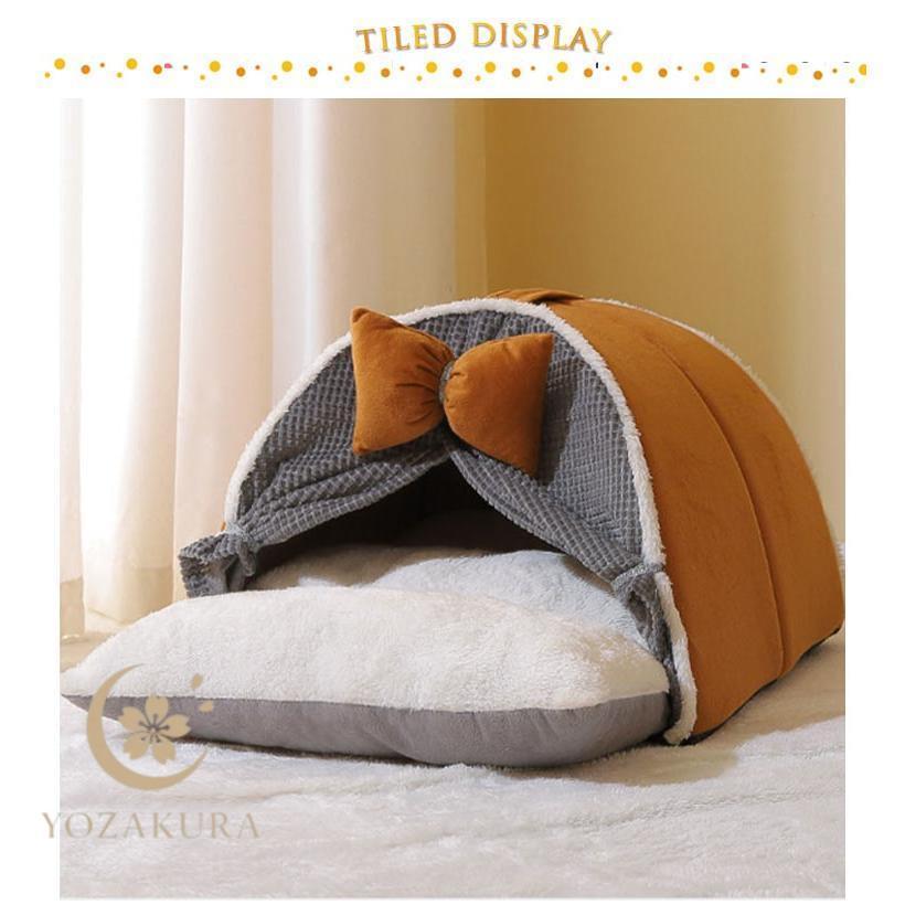 ペットハウス 猫ハウス テント型 ペット用寝袋 秋 冬 りぼん付き