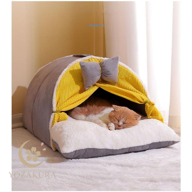冬にお勧め折りたたみベッド 寝袋 可愛デザイン  ミニオンふわふわ マットレス ペットハウス 猫ハウス テント型 ペット用寝袋 秋 冬 りぼん付き