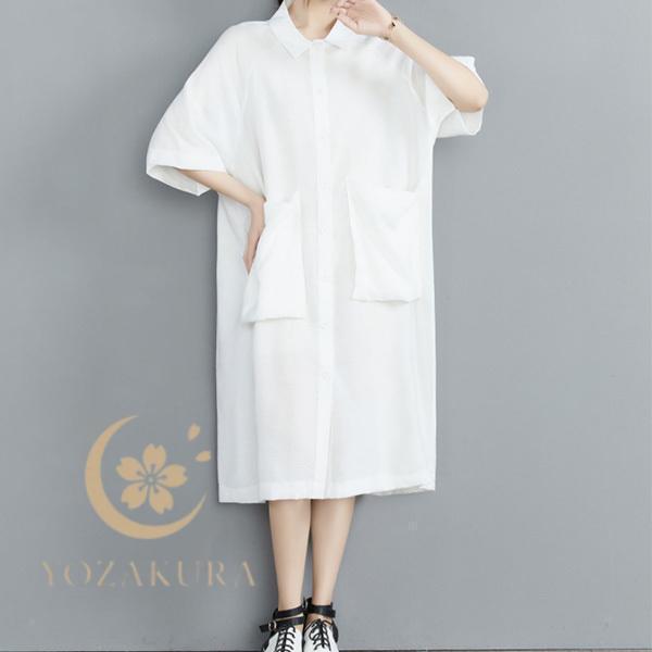 シャツワンピース 白 夏 春 秋 麻綿 半袖ワンピース カジュアル
