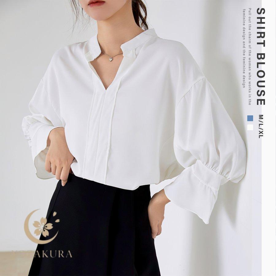 シャツ/ブラウス(長袖/七分) akiki  big frill shirt/ white ブラウス 白シャツ スキッパー シャツブラウス レディース 七分袖