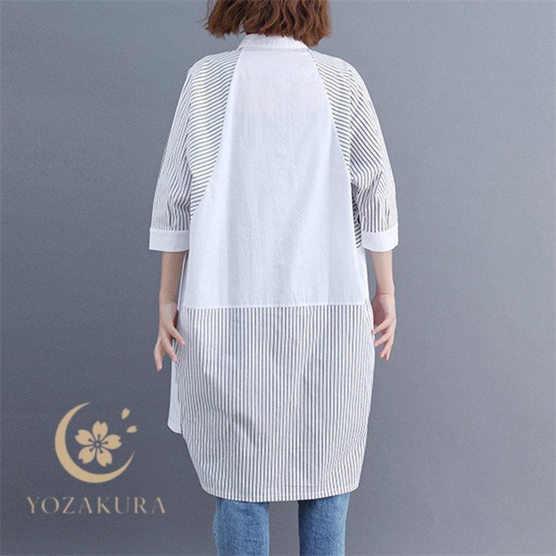 ロングシャツ レディース トップス チュニックシャツ 前開き 七分袖
