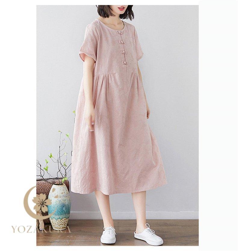 ワンピース 春 夏 綿麻 ロングワンピース ミモレフレアワンピース