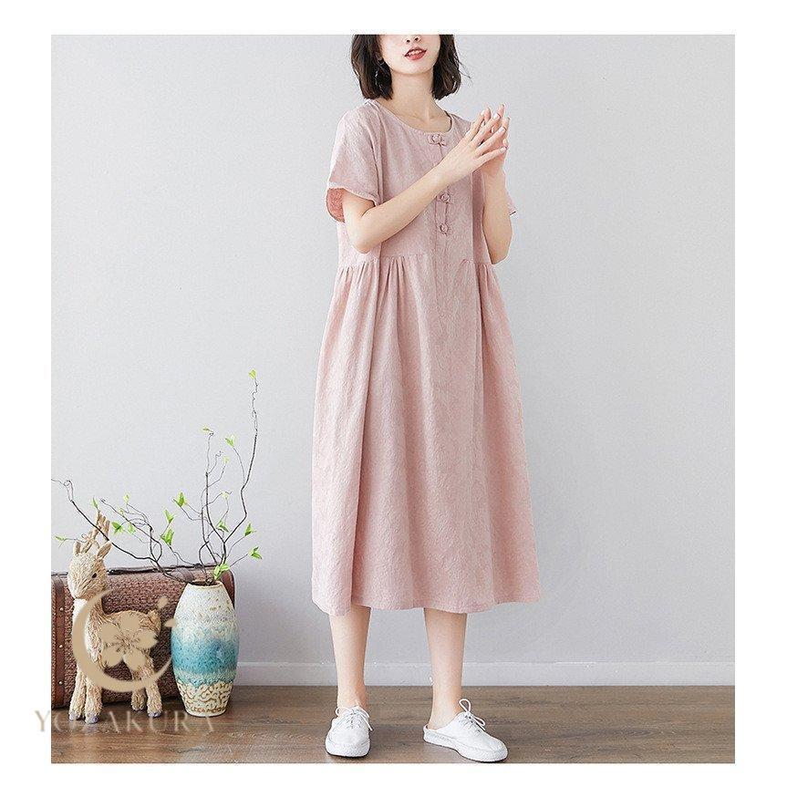 美品✨TSUHARU　リネン100% 刺繍　ロングワンピース　ピンクベージュ ワンピース 春 夏 綿麻 ロングワンピース ミモレフレアワンピース