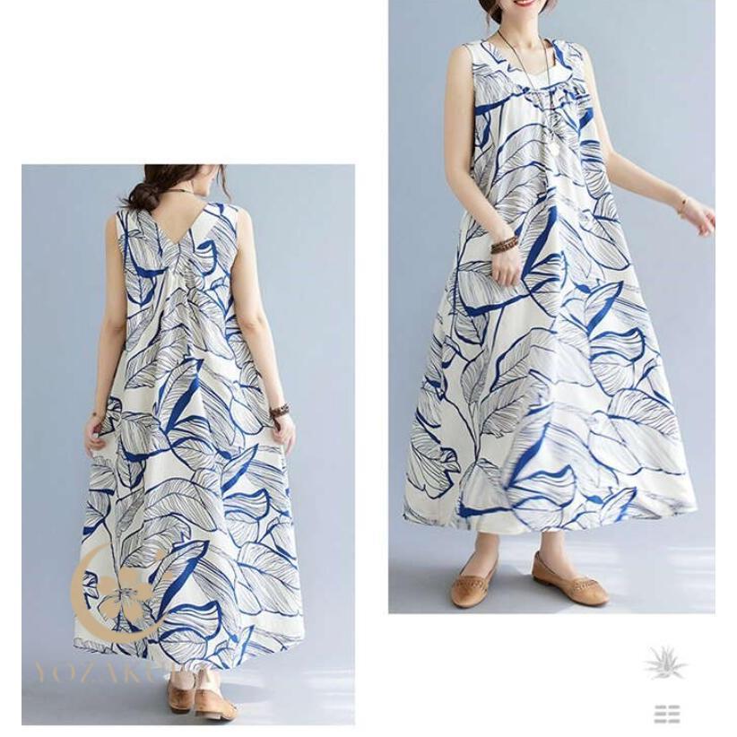 Manuheali’i ノースリーブ ワンピース ネイビー×ホワイト　ハワイアン ワンピース マキシワンピース リゾートワンピ ノーカラー ノースリーブ