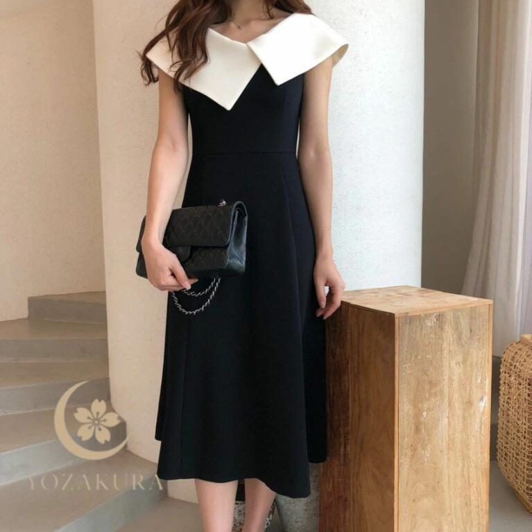 ワンピース 春 夏 レディース ノースリーブ ビッグカラー ドレス ワンピース ひざ丈 ロングワンピース 付け襟 ゆったり 上品 フォーマル | ブランド登録なし | 01