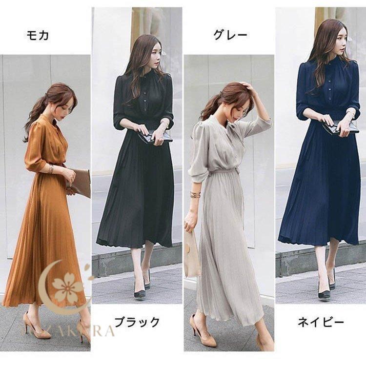 ワンピース レデイース ロング丈 長袖 プリーツ フレア シフォン