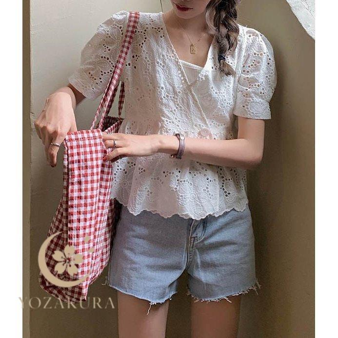 シャツブラウス 花柄ブラウス Vネック ペプラムトップス 透け感 半袖