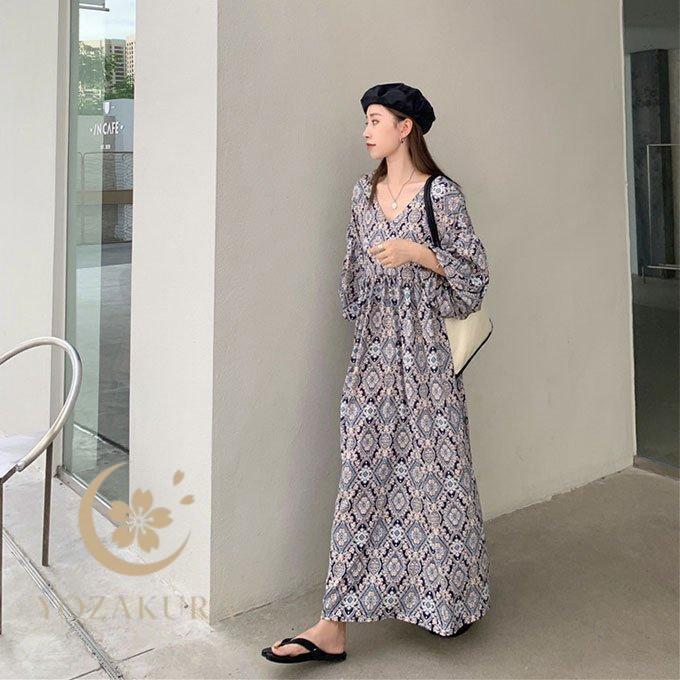 ワンピース 夏 レディース 半袖 5分袖 ロングワンピース 花柄