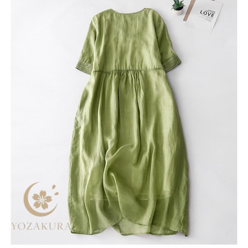 新品！ネストローブ リネンワンピース 半袖 ロング 黄緑 ゆったり ワンピース レディース 綿麻ワンピース ロングワンピース 半袖ワンピ