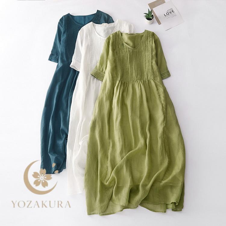 新品！ネストローブ リネンワンピース 半袖 ロング 黄緑 ゆったり ワンピース レディース 綿麻ワンピース ロングワンピース 半袖ワンピ