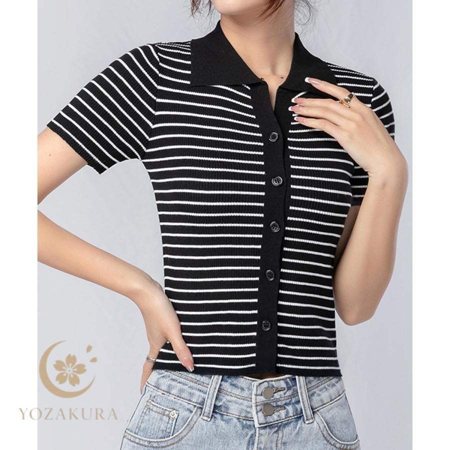 ボーダー柄ニットポロシャツレディース半袖 : YOZAKURA-SHOP - 通販