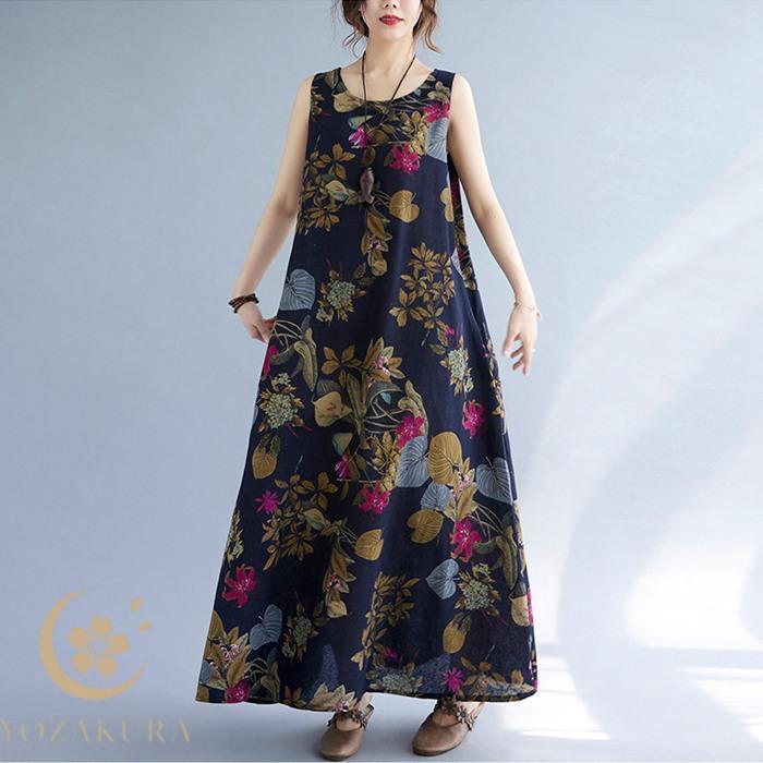 ワンピース ロングワンピース レディース 花柄 綿麻 マキシ丈 キャミ