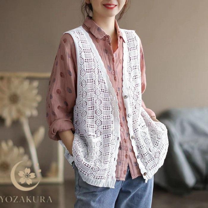 ベスト レディース 春夏 透かし編み ニット vネック ジレ 前開き