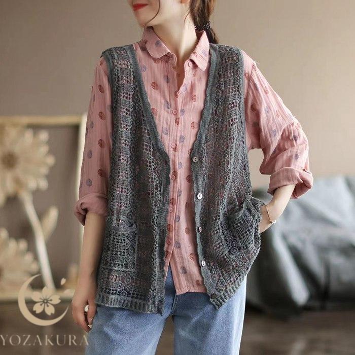 ベスト レディース 春夏 透かし編み ニット vネック ジレ 前開き