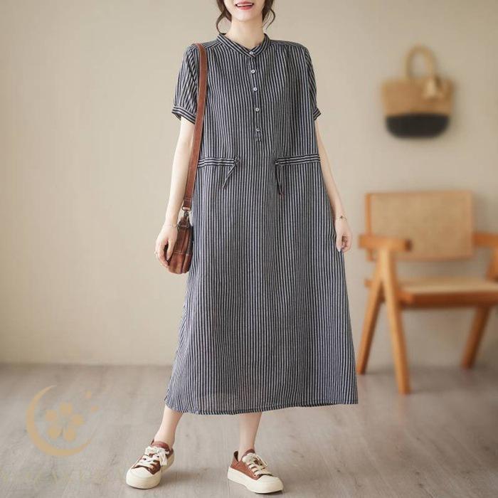 シャツワンピース ストライプ ワンピース レディース 夏 半袖 ロング