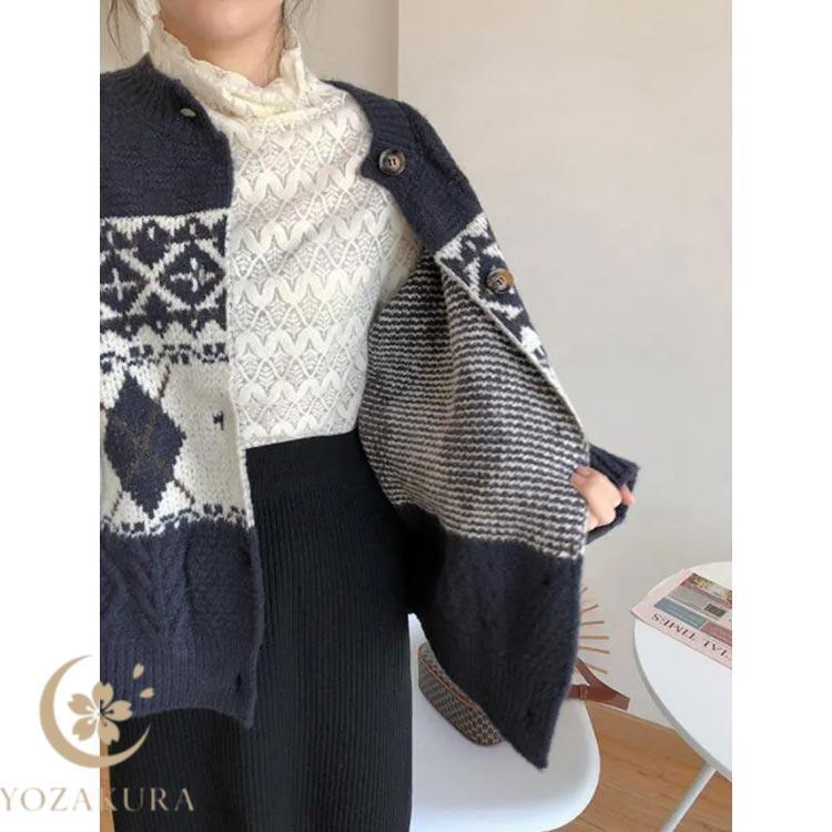 自由区☆未使用size44ニットカーディガン羽織　定価31020円 秋 クルーネック アーガイル柄 ニット 羽織り カーディガン レディース