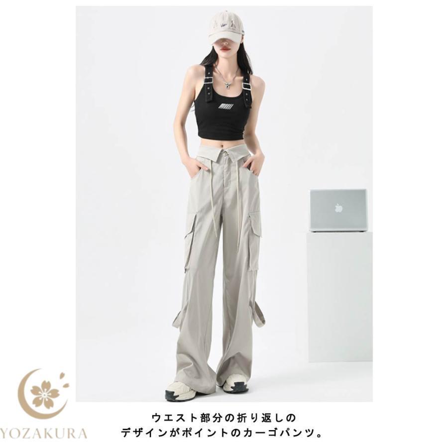 秋 夏 ワイドパンツ ボトムス ストレート カーゴ ゆったり 調整紐