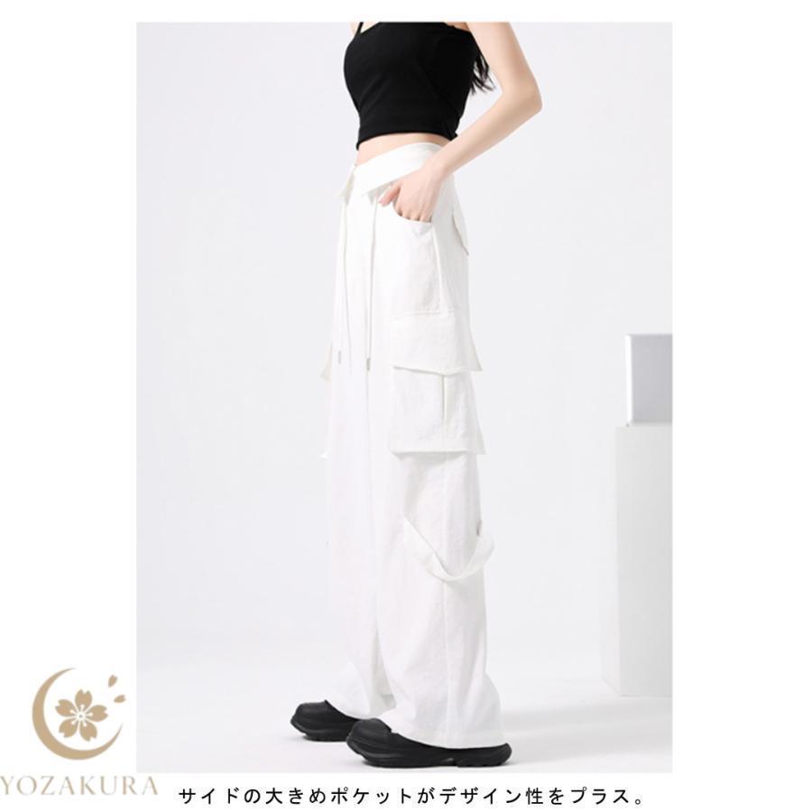 秋 夏 ワイドパンツ ボトムス ストレート カーゴ ゆったり 調整紐