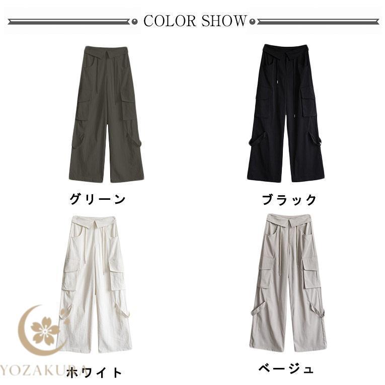 秋 夏 ワイドパンツ ボトムス ストレート カーゴ ゆったり 調整紐