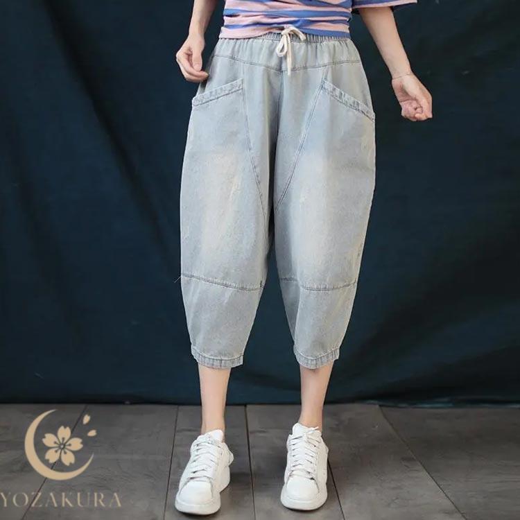 ナチュラル 春 体型カバー 夏 レディース デニムサルエルパンツ デニム